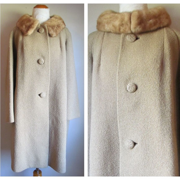 Vintage Jackets & Blazers - Vintage '60s Wool Mink Fur Collar Beige Swing Coat